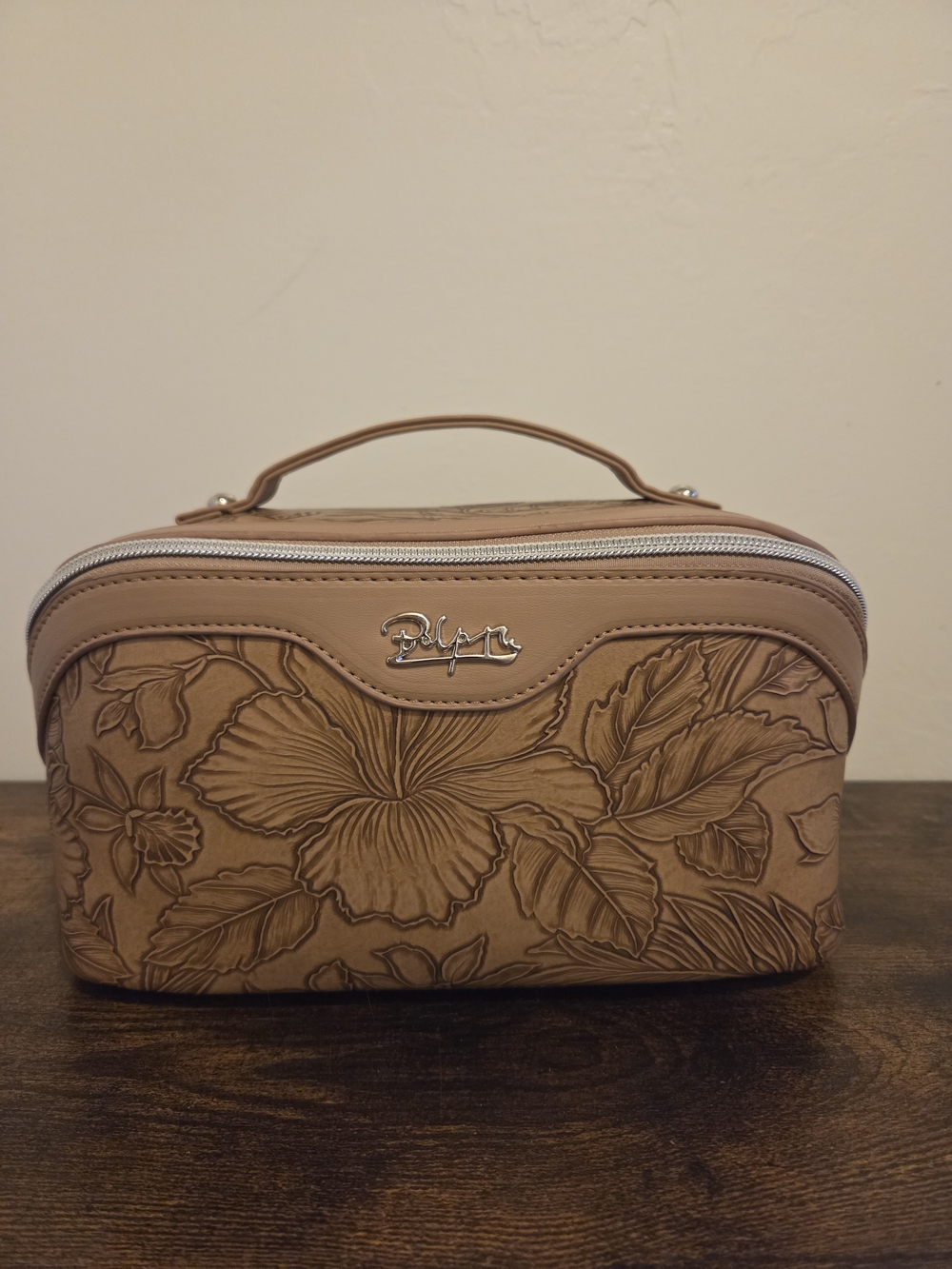 Embossed Floral Top-Handle Cosmetic Case in Tan